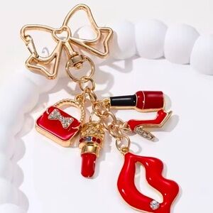 Gold and Red Bow purse/bag Charm keychain with charms